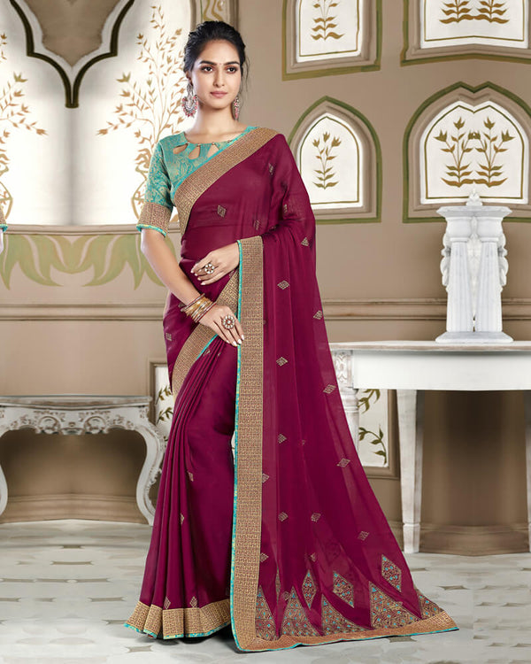 Vishal Prints Wine Chiffon Saree With Embroidery Work And Jari Border