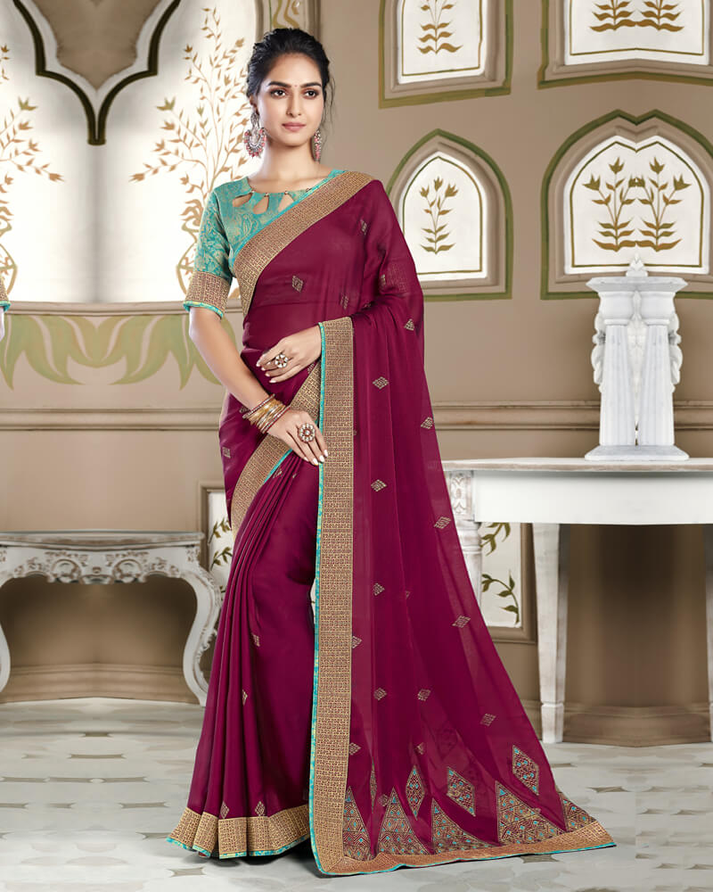 Vishal Prints Wine Chiffon Saree With Embroidery Work And Jari Border