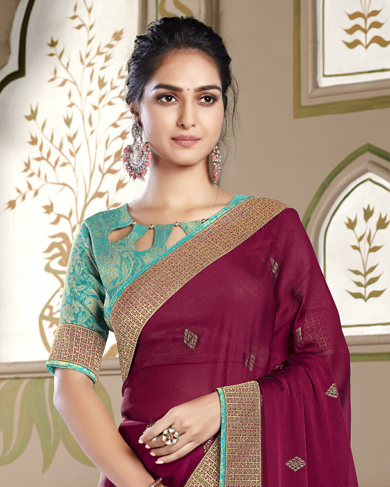 Vishal Prints Wine Chiffon Saree With Embroidery Work And Jari Border