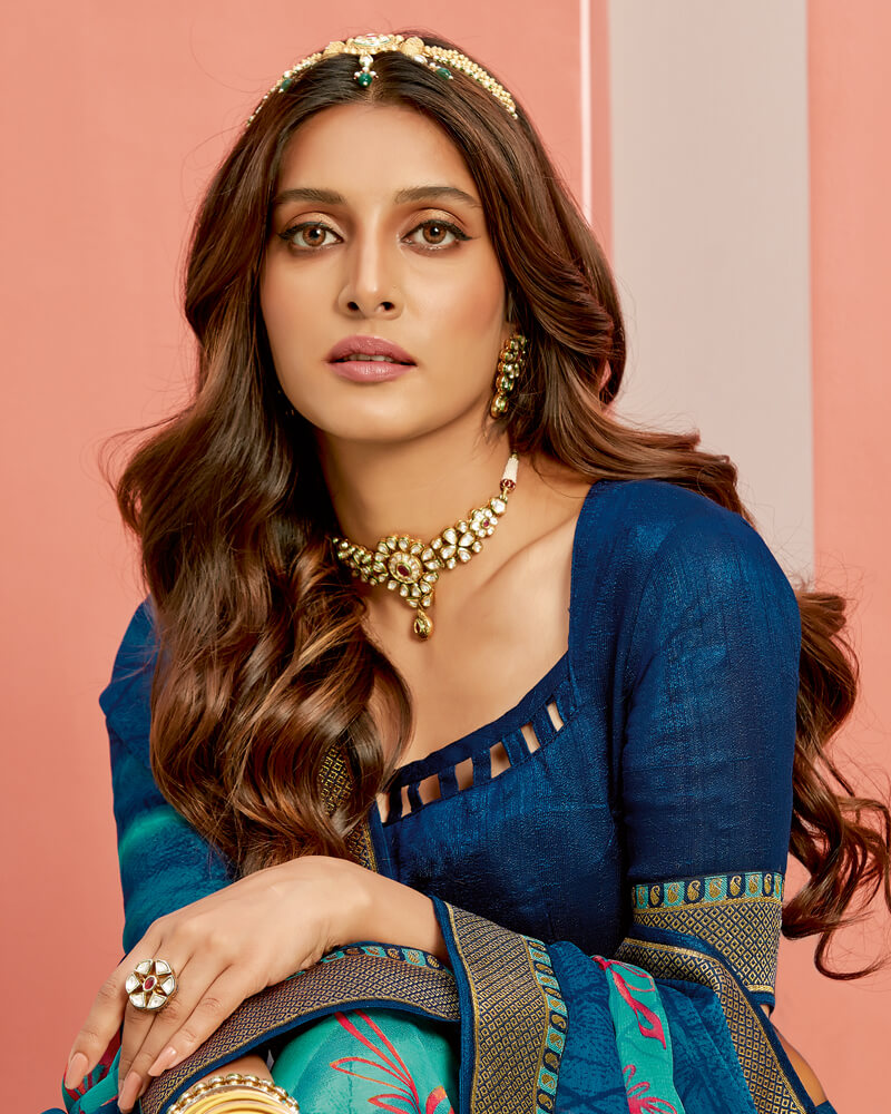 Vishal Prints Navy Blue Printed Georgette Saree With Jari Border