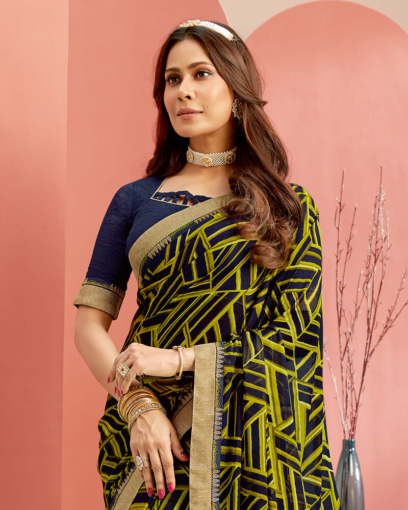 Vishal Prints Dark Navy Blue Printed Georgette Saree With Jari Border