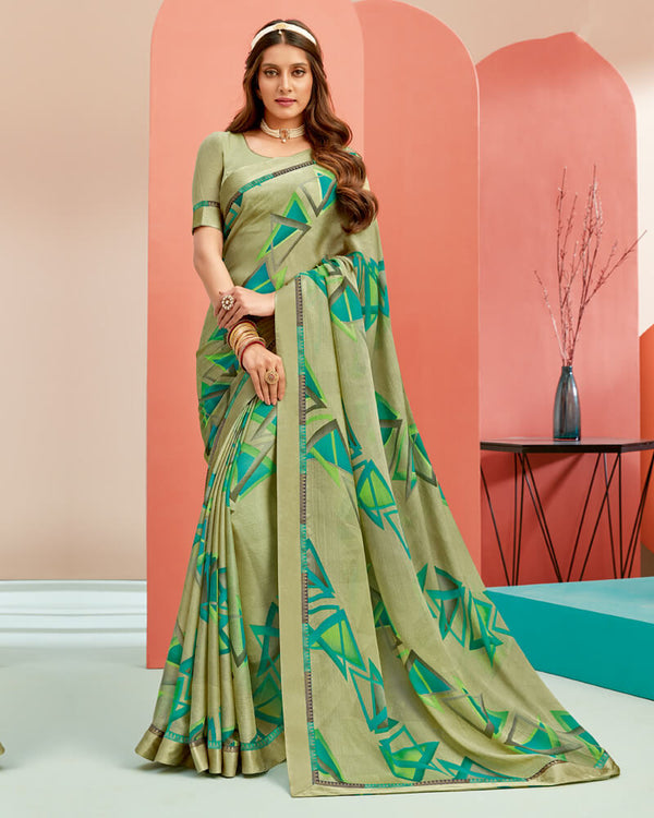 Vishal Prints Pastel Olive Printed Georgette Saree With Satin Border