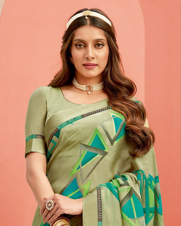 Vishal Prints Pastel Olive Printed Georgette Saree With Satin Border