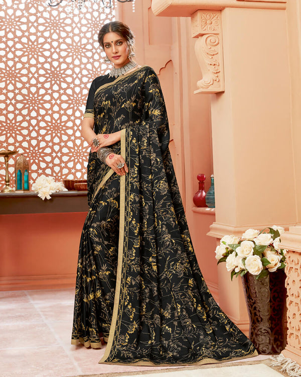 Vishal Prints Black Floral Printed Crepe Saree With Jari Border