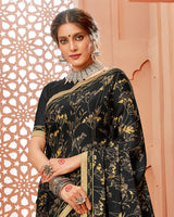 Vishal Prints Black Floral Printed Crepe Saree With Jari Border