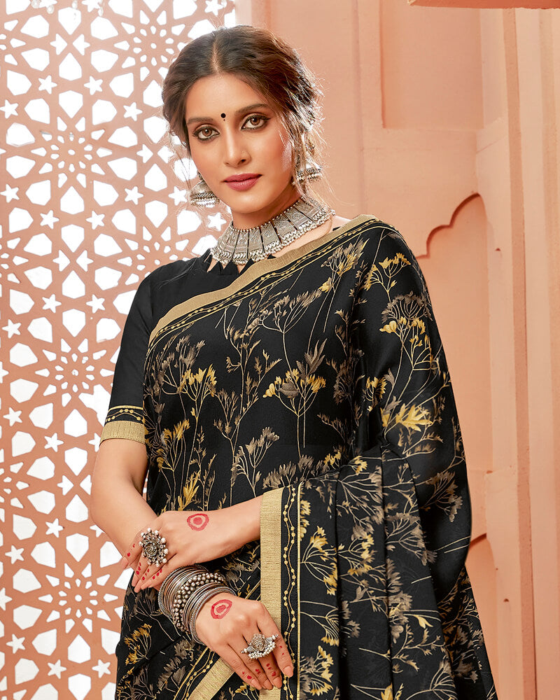 Vishal Prints Black Floral Printed Crepe Saree With Jari Border