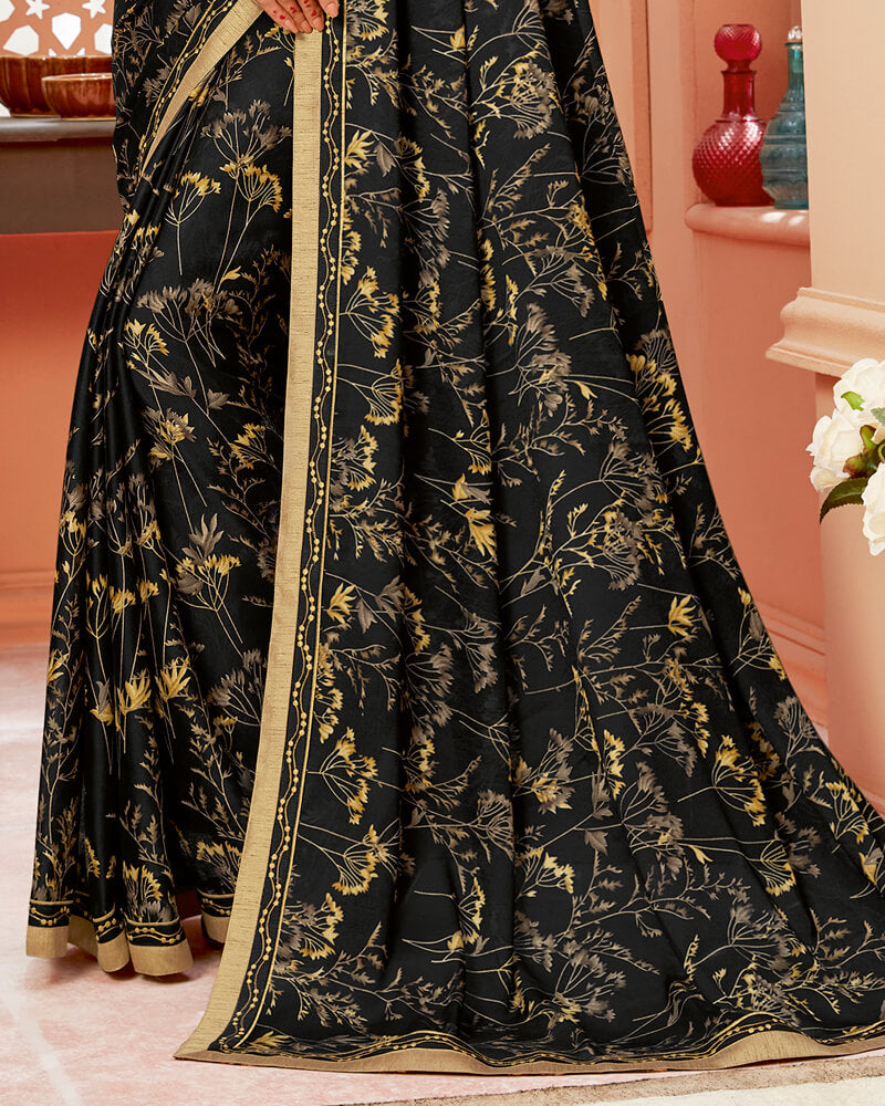 Vishal Prints Black Floral Printed Crepe Saree With Jari Border