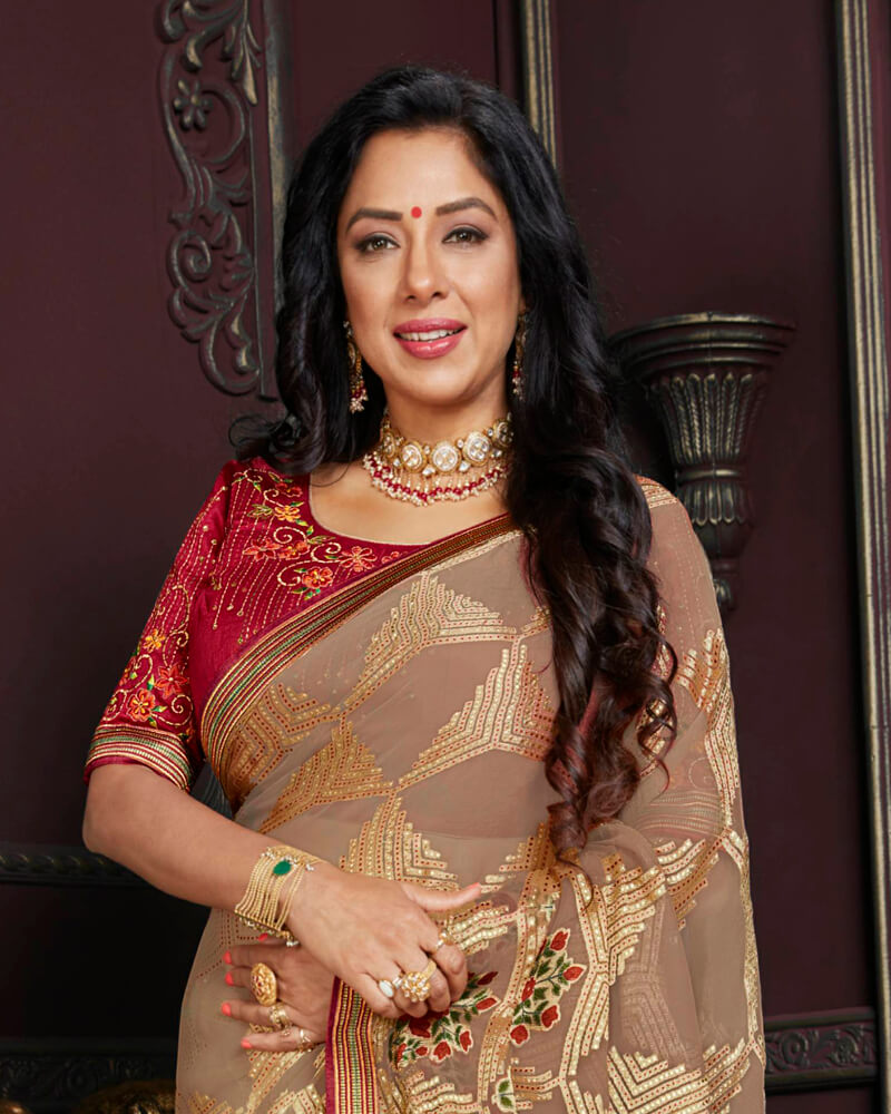 Vishal Prints Light Taupe Brasso Saree With Foil Print And Jari Border