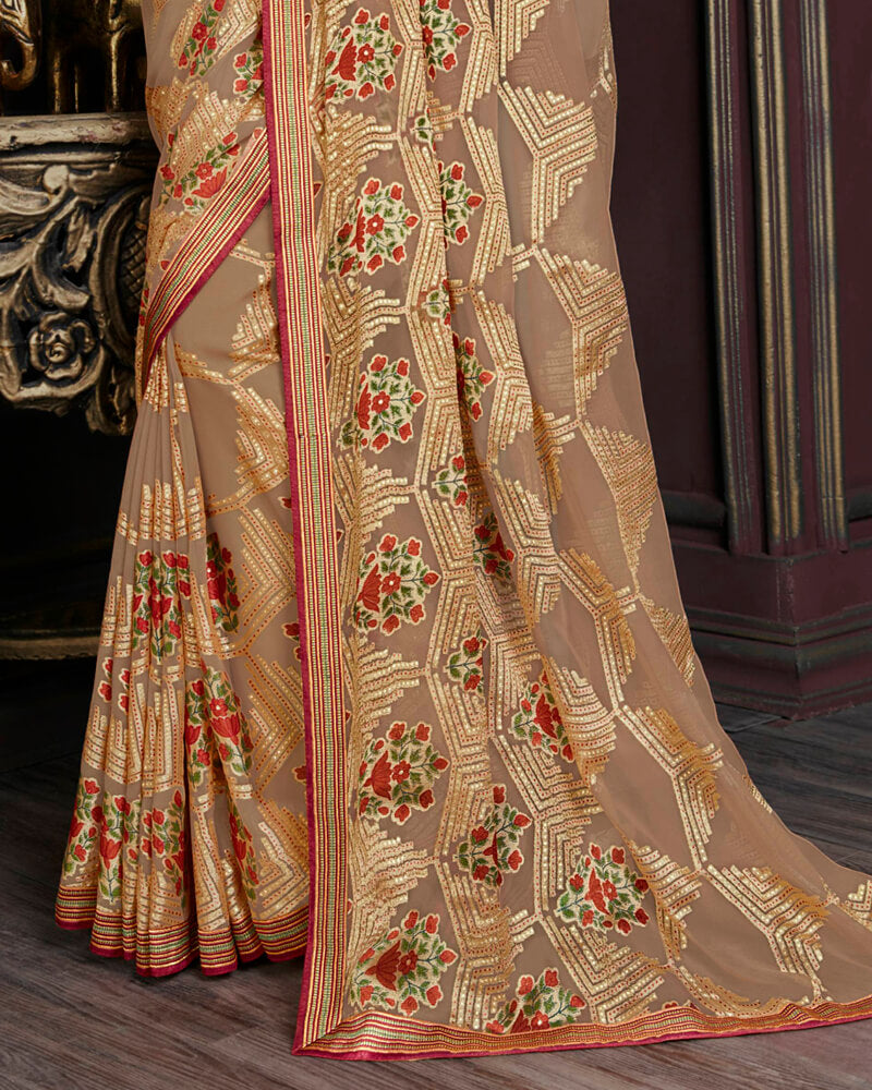 Vishal Prints Light Taupe Brasso Saree With Foil Print And Jari Border