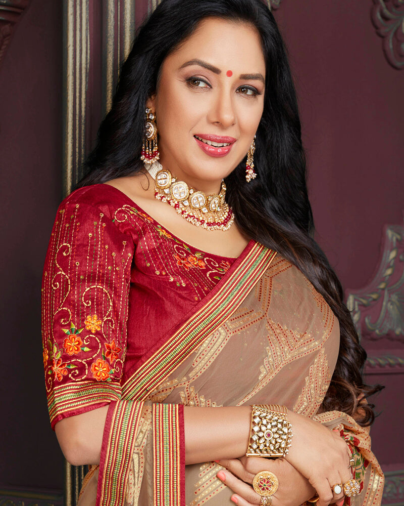 Vishal Prints Light Taupe Brasso Saree With Foil Print And Jari Border