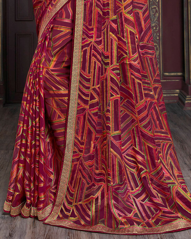 Vishal Prints Wine Brasso Saree With Foil Print And Jari Border