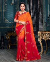 Vishal Prints Orange Chiffon Saree With Foil Print And Jari Border