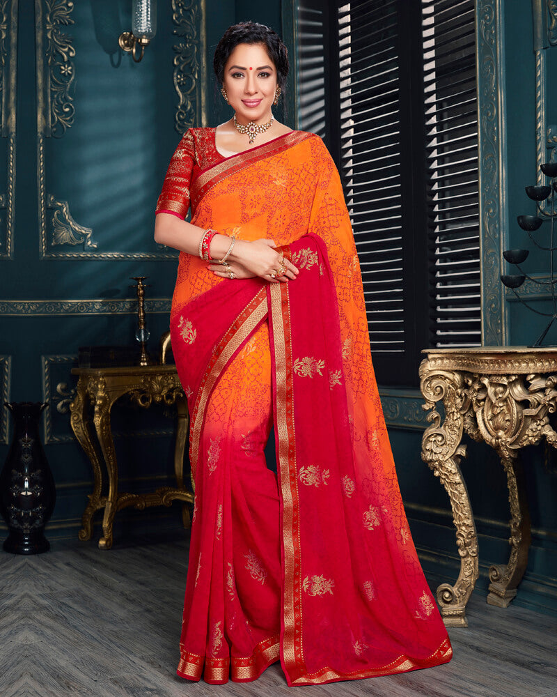 Vishal Prints Orange Chiffon Saree With Foil Print And Jari Border