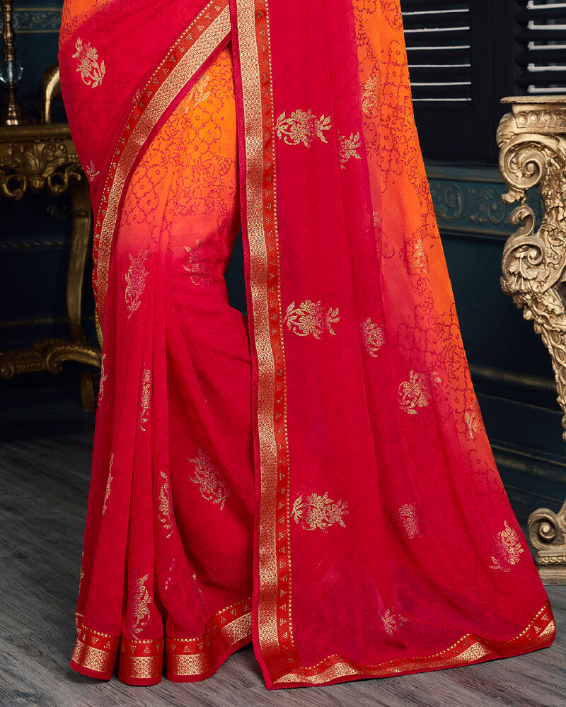 Vishal Prints Orange Chiffon Saree With Foil Print And Jari Border