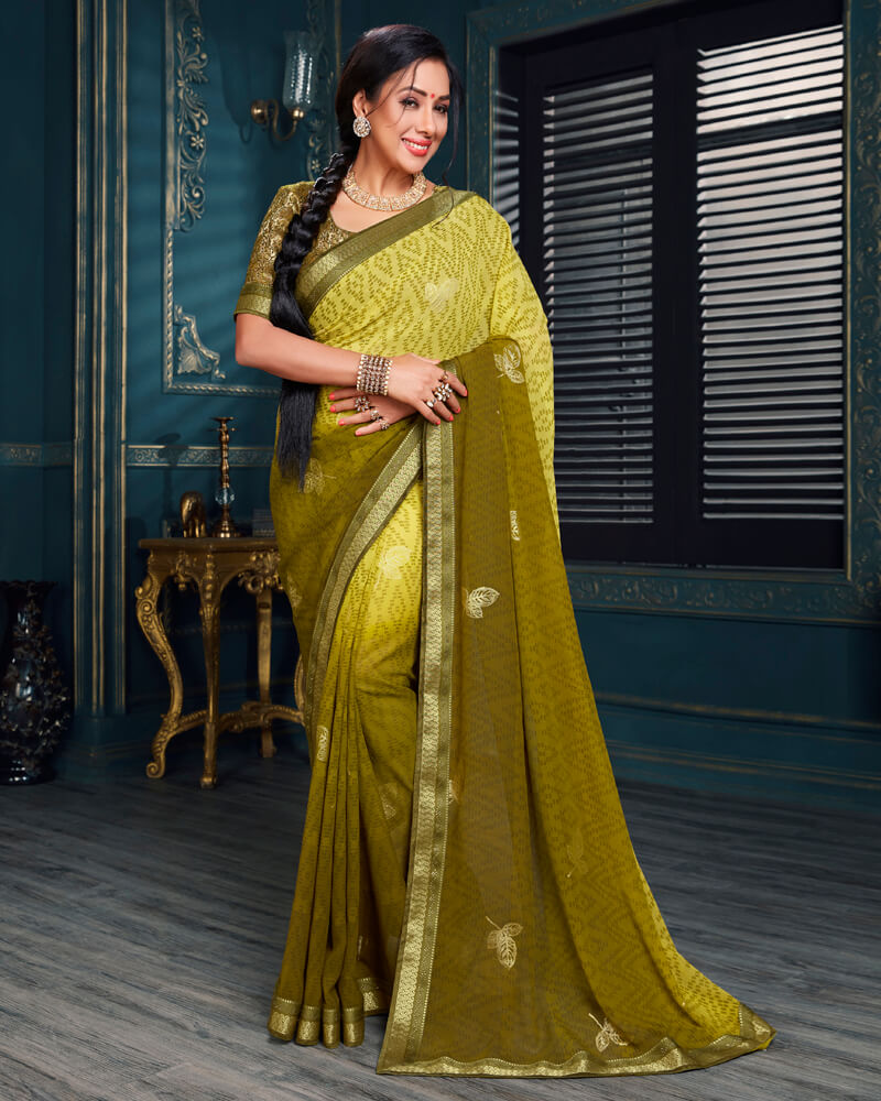 Vishal Prints Light Mehandi Green Chiffon Saree With Foil Print And Jari Border