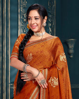 Vishal Prints Dark Orange Chiffon Saree With Foil Print And Jari Border