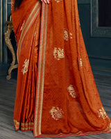 Vishal Prints Dark Orange Chiffon Saree With Foil Print And Jari Border