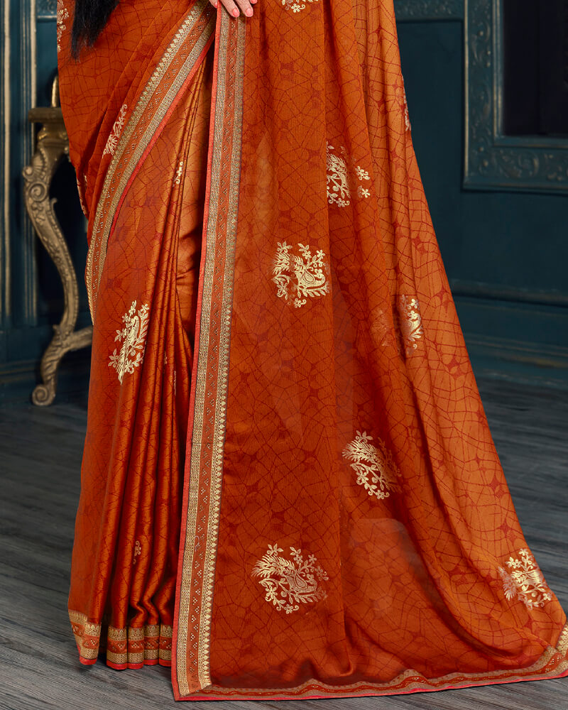 Vishal Prints Dark Orange Chiffon Saree With Foil Print And Jari Border