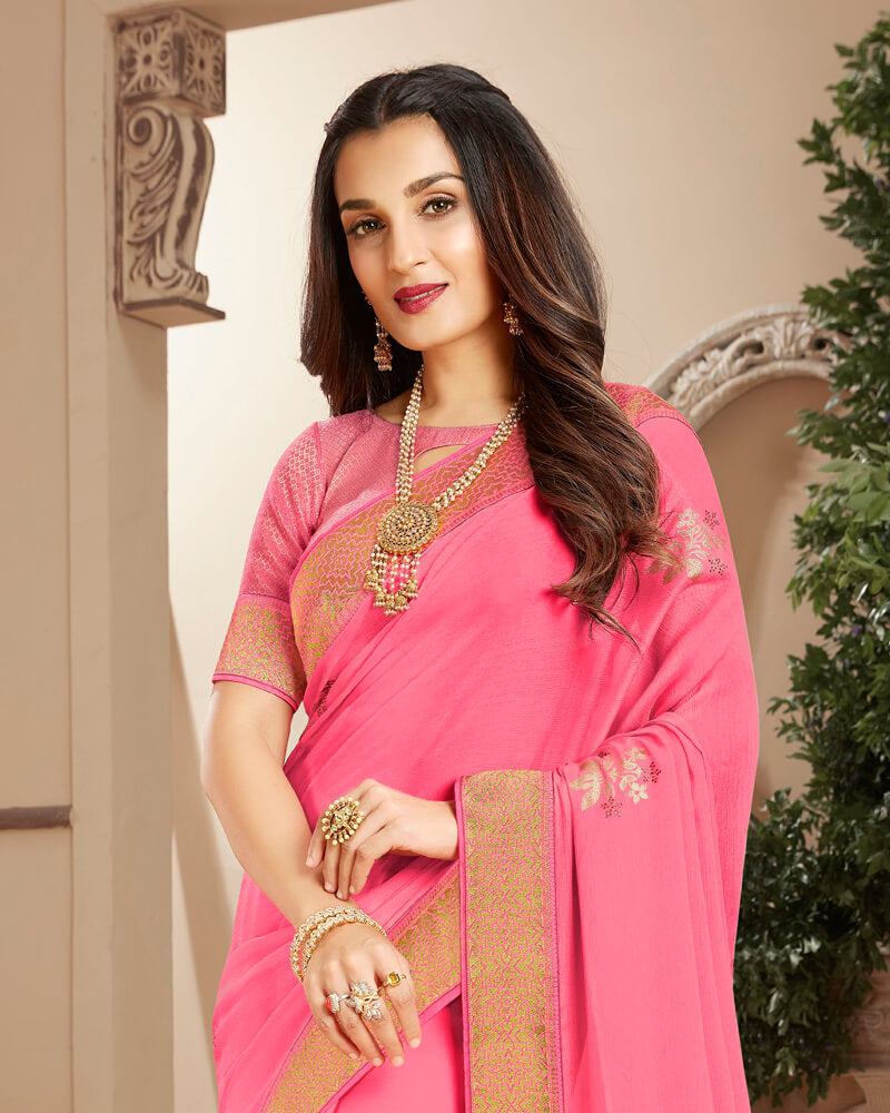 Vishal Prints Pink Chiffon Saree With Foil Print And Jari Border