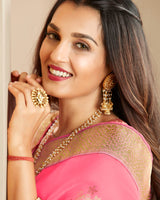 Vishal Prints Pink Chiffon Saree With Foil Print And Jari Border
