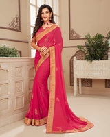 Vishal Prints Red Pink Chiffon Saree With Foil Print And Jari Border