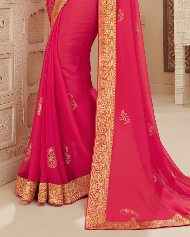 Vishal Prints Red Pink Chiffon Saree With Foil Print And Jari Border