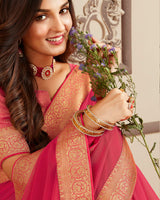 Vishal Prints Red Pink Chiffon Saree With Foil Print And Jari Border