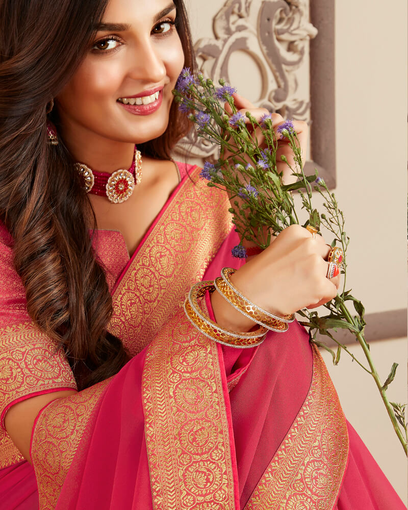 Vishal Prints Red Pink Chiffon Saree With Foil Print And Jari Border