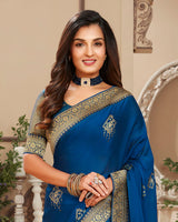 Vishal Prints Dark Blue Chiffon Saree With Foil Print And Jari Border