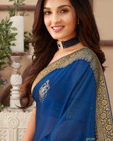 Vishal Prints Dark Blue Chiffon Saree With Foil Print And Jari Border