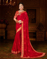 Vishal Prints Red Chiffon Saree With Embroidery Work And Jari Border