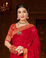 Vishal Prints Red Chiffon Saree With Embroidery Work And Jari Border