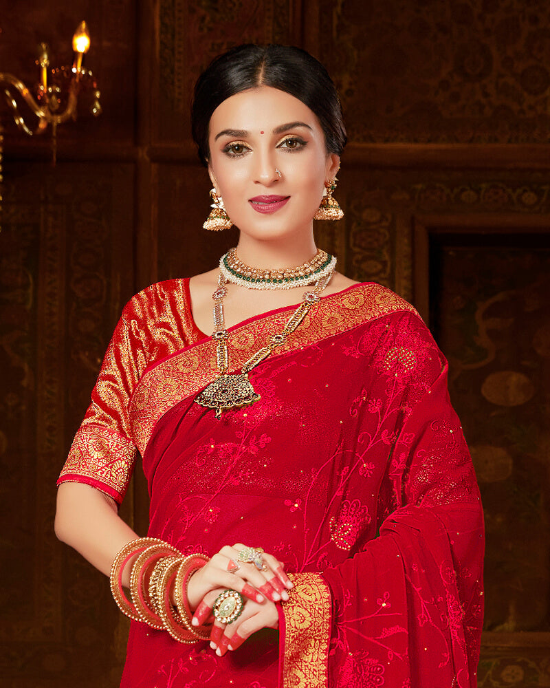 Vishal Prints Red Chiffon Saree With Embroidery Work And Jari Border