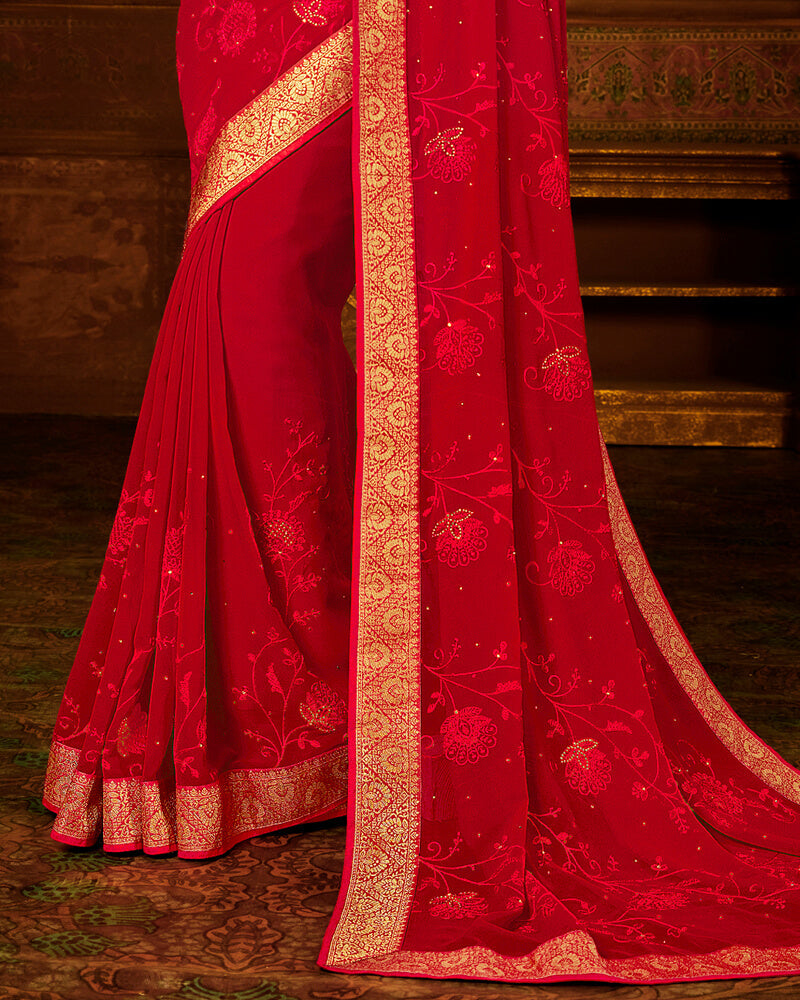 Vishal Prints Red Chiffon Saree With Embroidery Work And Jari Border