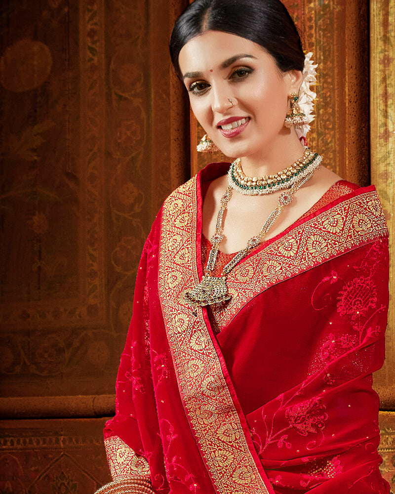 Vishal Prints Red Chiffon Saree With Embroidery Work And Jari Border