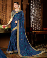 Vishal Prints Dark Blue Chiffon Saree With Embroidery Work And Jari Border
