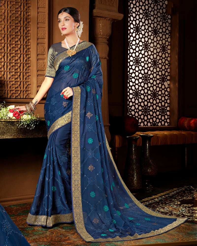Vishal Prints Dark Blue Chiffon Saree With Embroidery Work And Jari Border