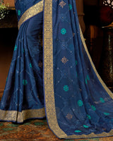 Vishal Prints Dark Blue Chiffon Saree With Embroidery Work And Jari Border