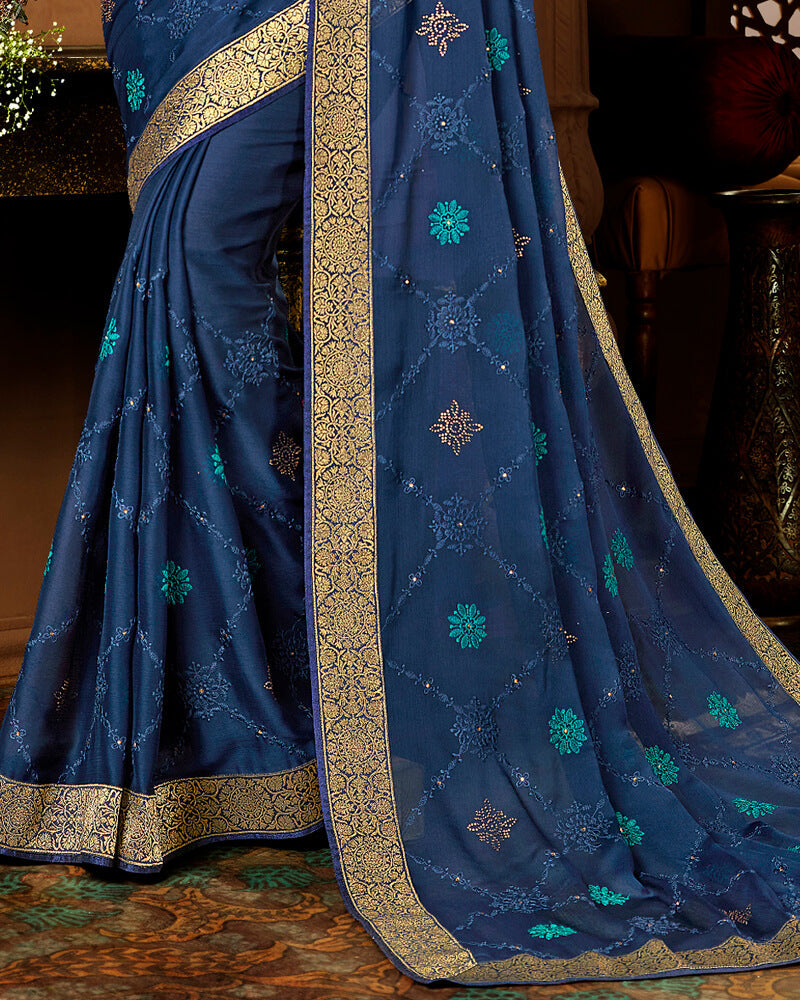 Vishal Prints Dark Blue Chiffon Saree With Embroidery Work And Jari Border