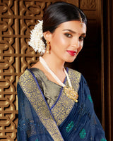 Vishal Prints Dark Blue Chiffon Saree With Embroidery Work And Jari Border