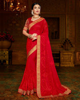 Vishal Prints Red Chiffon Saree With Embroidery Work And Jari Border