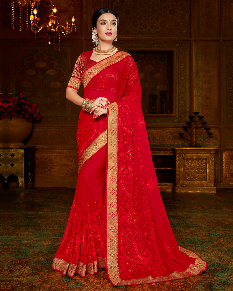 Vishal Prints Red Chiffon Saree With Embroidery Work And Jari Border