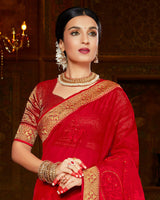 Vishal Prints Red Chiffon Saree With Embroidery Work And Jari Border
