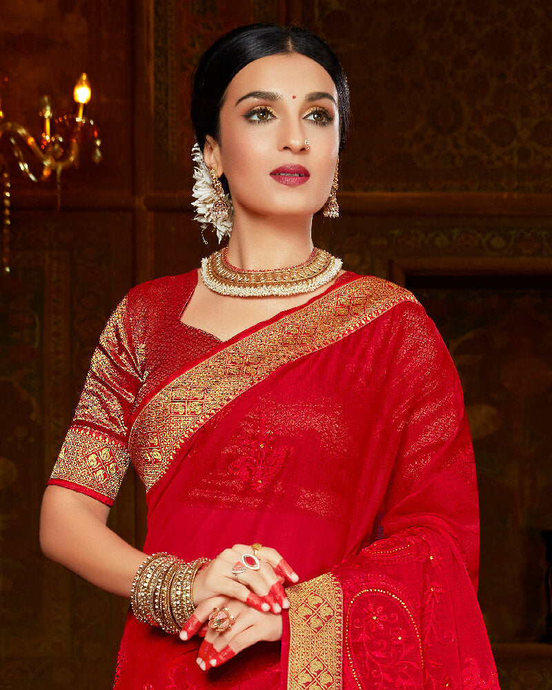Vishal Prints Red Chiffon Saree With Embroidery Work And Jari Border