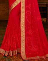 Vishal Prints Red Chiffon Saree With Embroidery Work And Jari Border