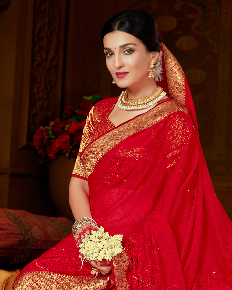 Vishal Prints Red Chiffon Saree With Embroidery Work And Jari Border