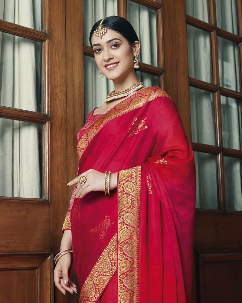Vishal Prints Cherry Red Chiffon Saree With Foil Print And Jari Border