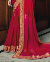 Vishal Prints Cherry Red Chiffon Saree With Foil Print And Jari Border