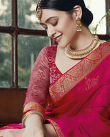 Vishal Prints Cherry Red Chiffon Saree With Foil Print And Jari Border