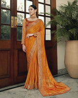 Vishal Prints Yellowish Orange Chiffon Saree With Foil Print And Jari Border